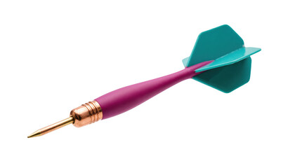 Dart with teal flights and purple shaft, game of skill and precision target sport