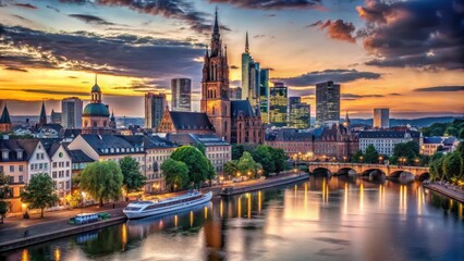 Fototapeta premium A dramatic monochrome cityscape unfolds against a backdrop of historic Frankfurts Gothic architecture and serene Rhine River waters