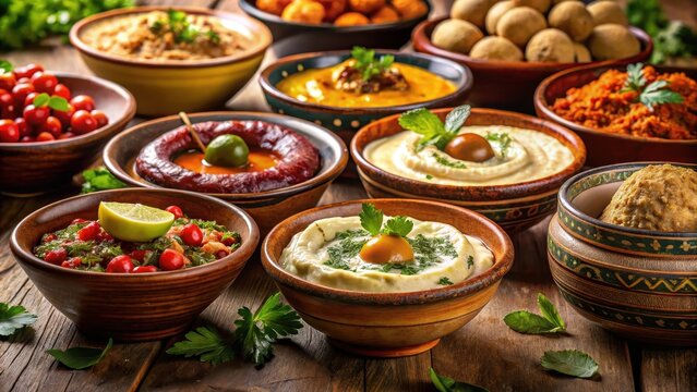 Experience the rich flavors of the Middle East with a selection of warm, savory appetizers and dips presented in traditional ceramic bowls