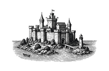 Fototapeta premium Hand Drawn Engraving Woodcut Illustration of Medieval Stone Castle on Island