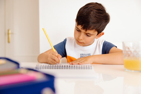 Young boy focused on writing in notebook at home