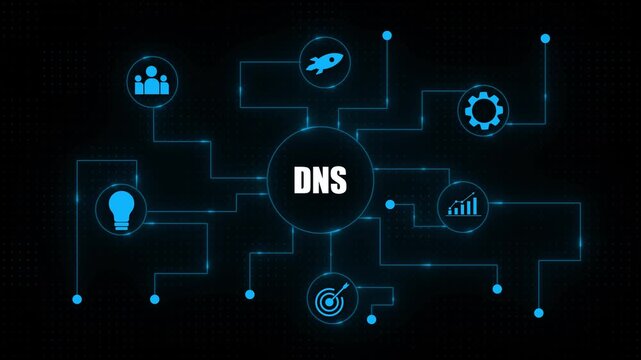 D N S Network System Domain Name Server Technology Concept with Blue Neon on Black Background blue neon black background