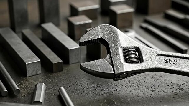 Steel Wrench on Metal Surface: An adjustable steel wrench, the emblem of industry and precision, rests among an assortment of steel shapes on a textured metal surface.