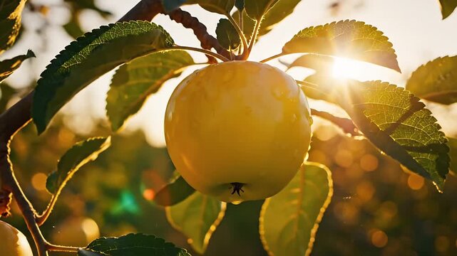A golden apple hanging from a tree branch, basking in the warm sunlight, evoking a sense of natural beauty and freshness. 