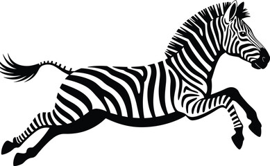 Black and white silhouette of a leaping zebra with bold stripes and dynamic posture, symbolizing wildlife, motion, nature, energy, and artistic animal design concepts © Irin Akter