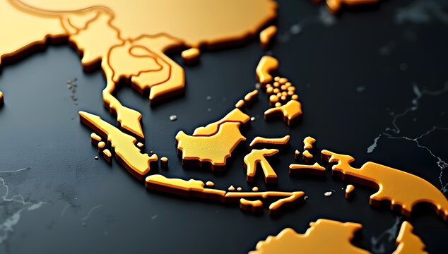3D golden relief map of Southeast Asia on black marble surface with cinematic lighting.