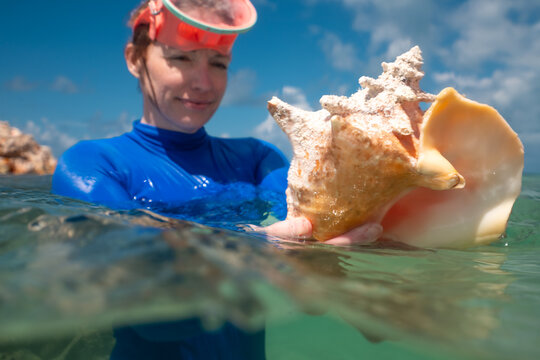 Woman Swimming Holding Conch Seashell in Caribbean