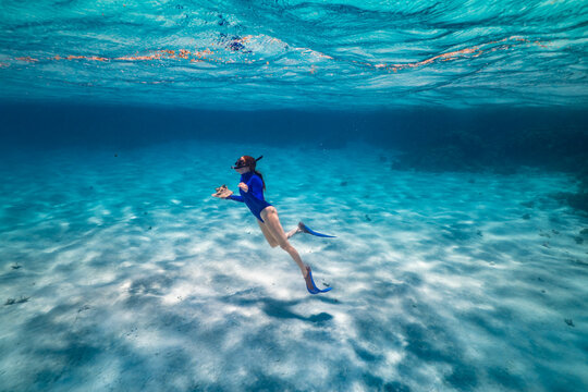Woman Diving Holding Caribbean Queen Conch Anegada BVI