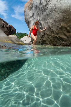 Woman at Devils Bay the Baths Virgin Gorda BVI Caribbean Vacation
