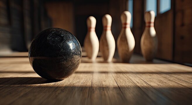 A black bowling ball sits on a wooden lane, ready to knock over pins
