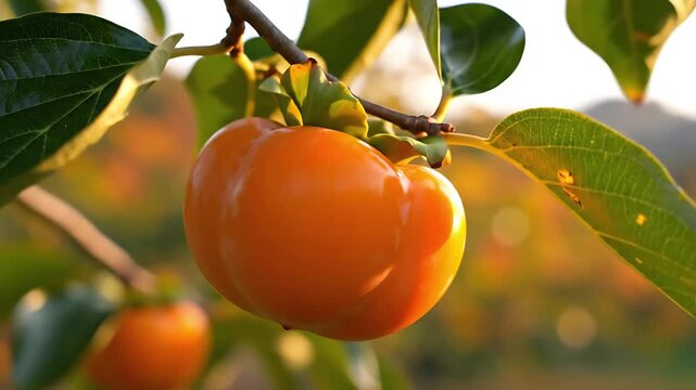 A close-up shot of a ripe persimmon fruit hanging on a branch