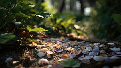 Fototapeta premium Sun-dappled forest floor strewn with seashells and green foliage