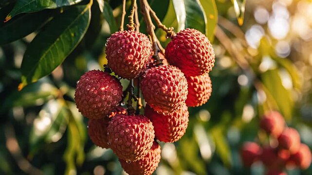 A close-up view of fresh lychee fruits hanging from a tree branch in a garden setting, illuminated by sunlight