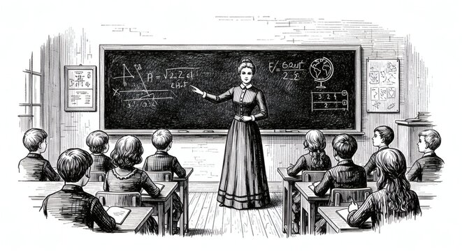 Vintage Style Illustration of a Female Teacher Teaching Mathematics and Science in a 19th Century Classroom with Students