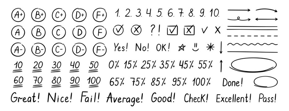 Exam grade doodle icon set. Hand drawn school test results, pen marks, circled numbers, and teacher checks in sketch style. Vector illustration isolated on white background