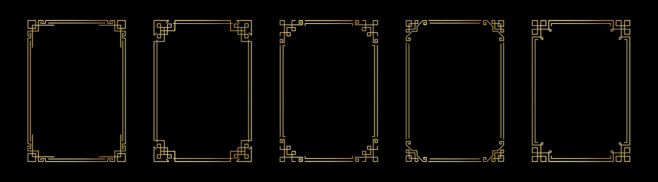 Golden rectangle photo frame. Gold glowing geometric boarder and vintage elegant decorative elements for wedding invitations. Vector illustration isolated on black background