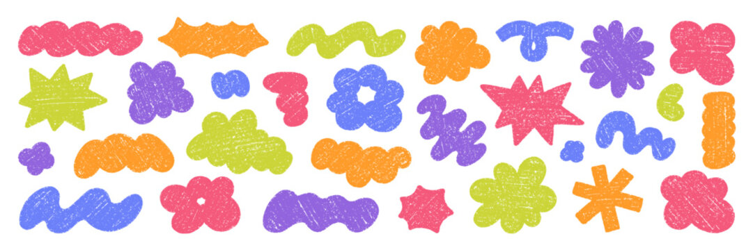 Chalk blob shapes doodle set. Crayon comic cloud and flower forms, organic stickers and groovy figures in sketch style. Grunge texture. Hand drawn vector illustration isolated on white background