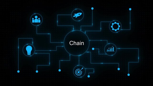 Blockchain Network Chain Concept with Interconnected and Glowing Blue Lines on Dark Background cryptocurrency