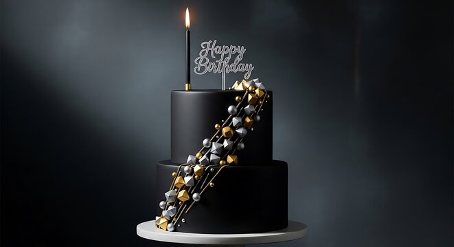 Elegant black birthday cake with lit candle and festive decorations
