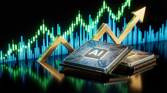 A close-up of advanced AI semiconductor chips placed on a reflective black surface, with luminous stock market graphs rising in the background.