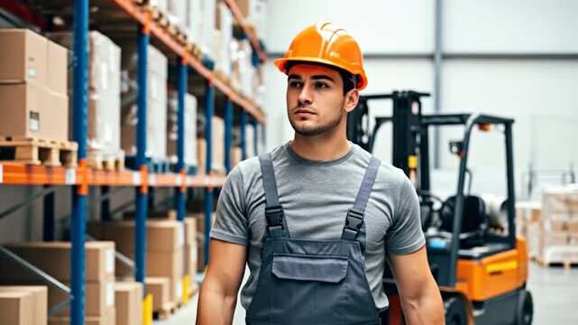 Warehouse worker: An industrial worker in a hard hat walks purposefully through the bustling warehouse, a symphony of activity and organization. A forklift subtly lingers in the background.