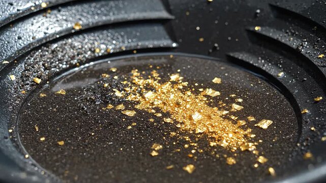 Close-up of gold flakes being panned in water, revealing precious metal discovery