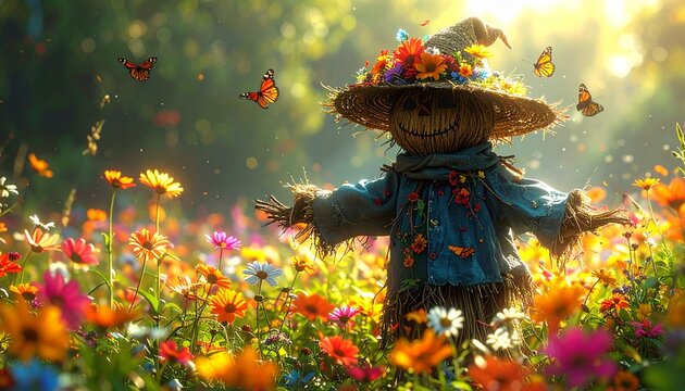 A whimsical scarecrow adorned with flowers smiles brightly amidst a sun-drenched meadow filled with colorful blossoms and fluttering butterflies.