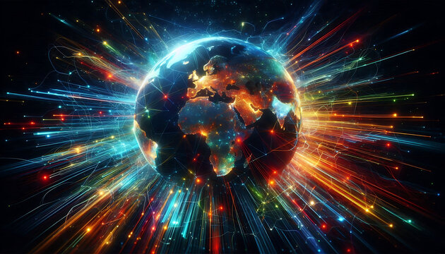 Vibrant illustration of Earth with radiant colorful lights and energy beams against a dark background with stars.