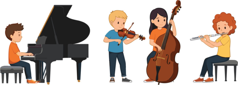 Flat vector set of cute children playing piano violin double bass and flute for classical music education performance talent school and creative arts concept