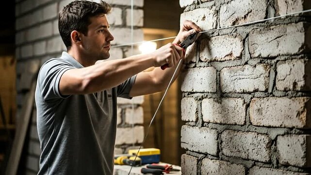 Bricklayer at Work: A skilled bricklayer meticulously works on a construction site, skillfully laying bricks with precision and care. Evoking the dedication and craftsmanship of building.