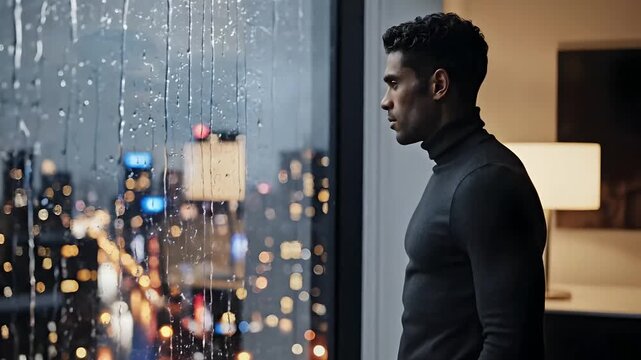 Pensive young man in a modern apartment looking out at a rainy city at night, portraying a deep contemplation concept and loneliness