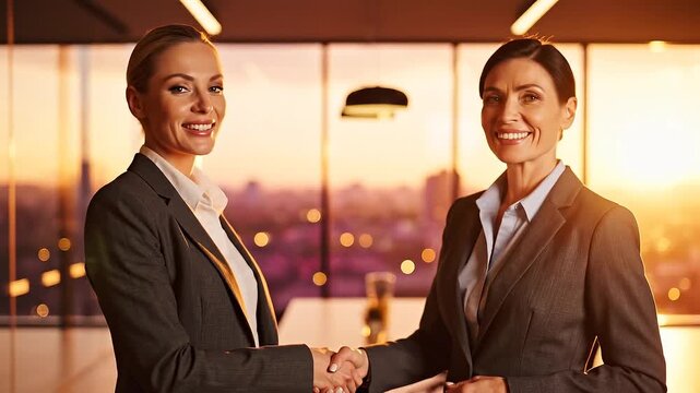 Two businesswomen in suits shaking hands in an office, symbolizing a deal or agreement. The office has large windows with a cityscape view video