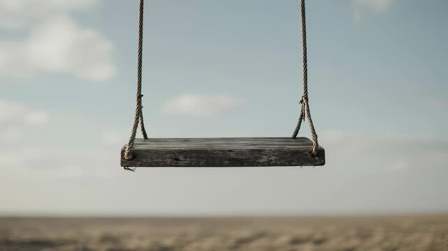 A weathered wooden swing hangs suspended against a soft blue sky and hazy horizon
