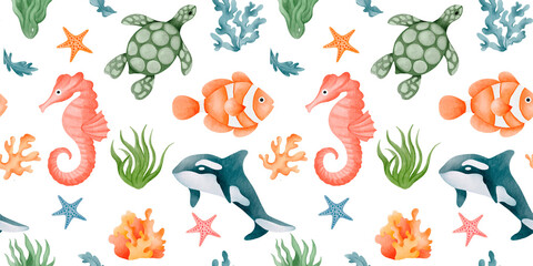 seamless watercolor pattern, fish, corals, seahorse, algae, sea, ocean © Яна Цинько