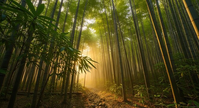Dense bamboo forest with sunlight filtering through trunks and foliage