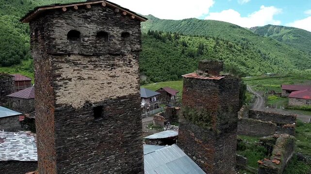 Aerial view of the Svan towers in Svaneti, Georgia.