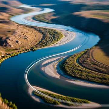 Aerial view showing fast motion blur over a winding river, demonstrating high-speed drone execution and focused flight path precision, operation, skill, strategy