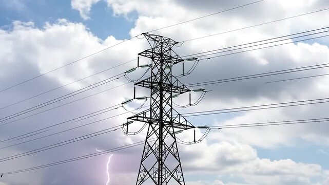 Sky-High Power Grid: An imposing electricity pylon soars towards the heavens, its intricate lattice a testament to engineering prowess, against the backdrop of a dynamic cloudy sky.