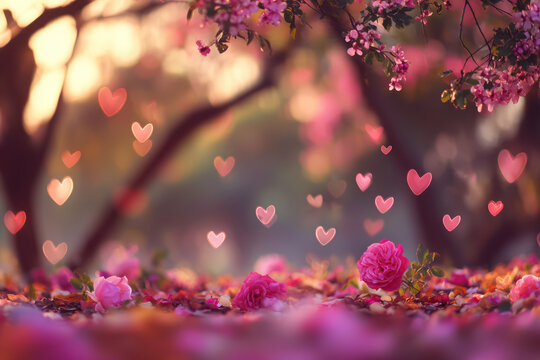 Pink Hearts Floating Above Colorful Flowers in Blooming Garden