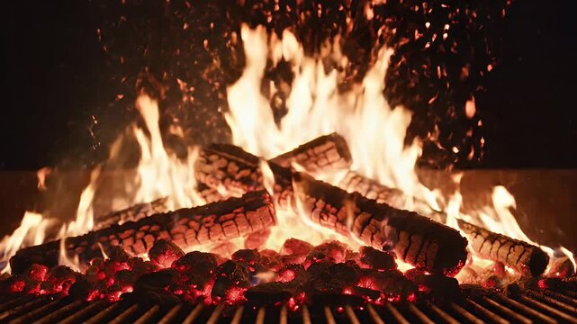 Dynamic Roaring Bonfire with Fiery Sparks and Glowing Embers Burning Brightly at Night.
