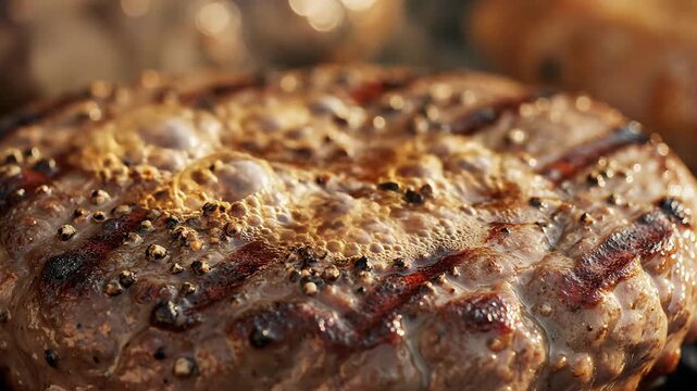 Close-up of juicy beef burger patty sizzling on a hot grill with sear marks and bubbling juices
