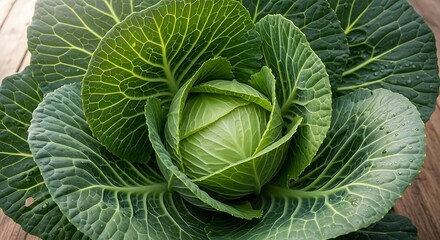 Obraz premium Fresh green cabbage with large leaves on wooden surface