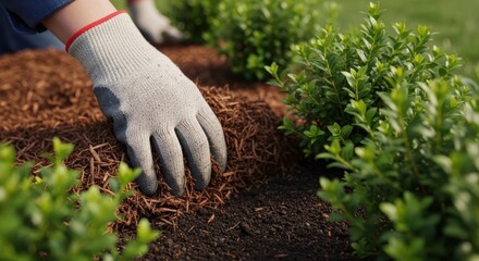 Detailed Shot of Gloved Hand Tending to Plants and Mulch in a Professional Landscape
