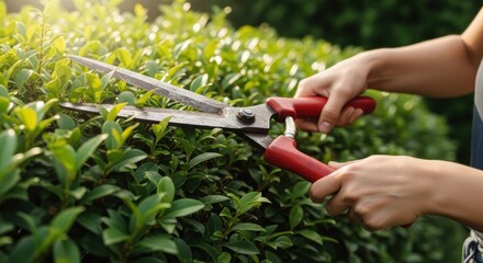 Obraz premium Precision Trimming of Garden Shrubs Using Metal Pruning Scissors in Sunlight