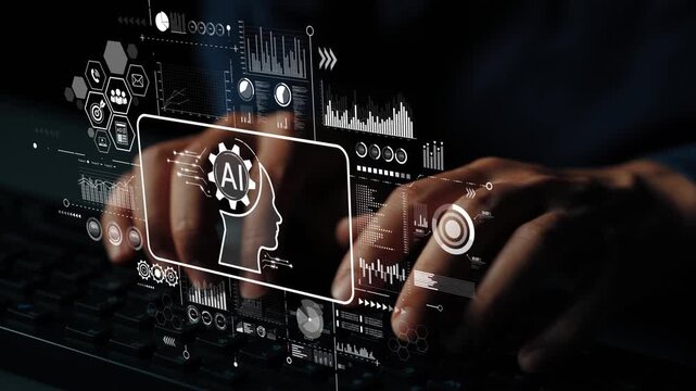 Hands Typing on Keyboard with AI Technology Graphics and Digital Data Visualization in Background. Asymptotic smart data analytic.