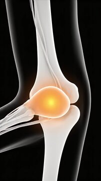Animated 3D Medical Illustration of Patellofemoral Pain Syndrome Knee Joint with Glowing Orange Pain Highlight on Black