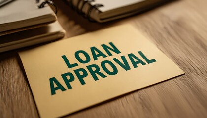 Fototapeta premium Loan Approval Text Credit, finance, and borrowing concept shown in a warm, studio shot on a wooden desk, symbolizing financial agreement, banking.