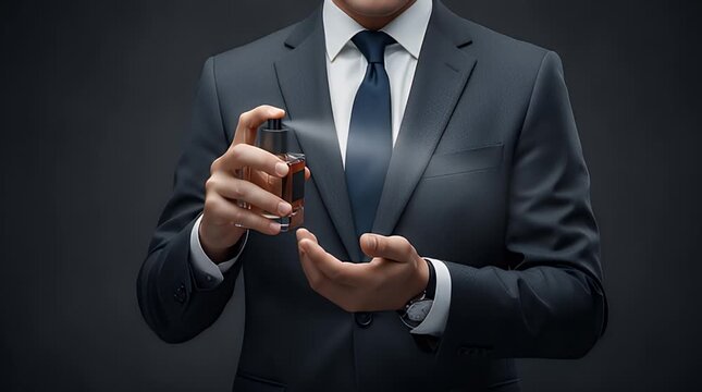 Well-dressed professional man applying fragrance to his wrist, showcasing confidence, elegance, and refined style as he prepares for important business engagements.