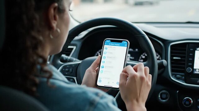 Woman Using Smartphone While Driving Car.