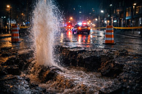 Urban water main burst at night, emergency road repair with flooding street and police lights, city infrastructure failure
